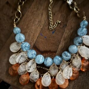 Vintage-Style Beaded Bib Statement Necklace – Blue, White, and Peach Teardrops